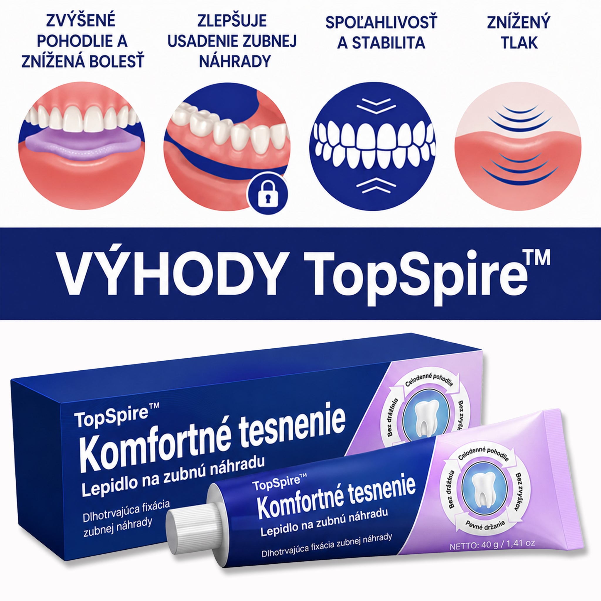 TopSpire™ Comfort Seal Pro – lepidlo na zubné protézy💙